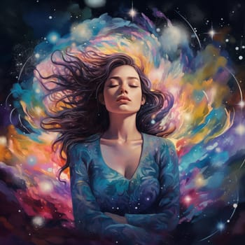 Colorful stock illustration of a girl in meditation with closed eyes and flowing hair, set against a cosmic background with nebulae. A vibrant depiction of serenity and cosmic contemplation.