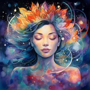 A meditating girl with closed eyes against a cosmic backdrop, nebulae and flowers. Close-up. A vibrant, colorful illustration capturing the serenity of meditation amidst the cosmic wonders.