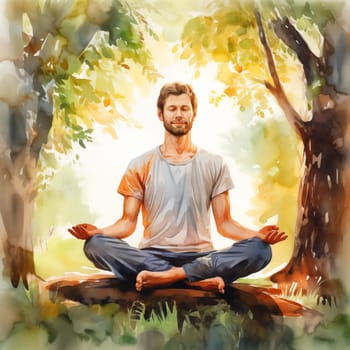 An adult man sitting on the grass surrounded by trees in nature, with his eyes closed in meditation. Summer, captured in watercolor, evokes tranquility and connection with nature.
