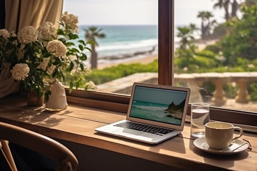 The laptop stands on the table overlooking the sea and the beach.. Freelance concept.