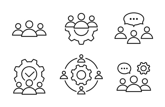 Teamwork, process and brainstorming line icon set