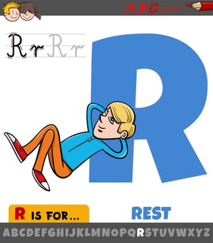 letter R worksheet with cartoon illustration of rest phrase