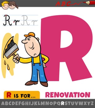 letter R worksheet with cartoon renovation phrase