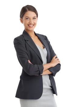 Business, woman and arms crossed in studio for confidence and happy with human resources career. Young professional worker, employee or model in portrait with smile for job on a white background