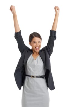 Business, woman and arms up in studio for success, winning and achievement with wow, yes and celebration. Portrait of excited accountant or winner with wow for goals or target on a white background