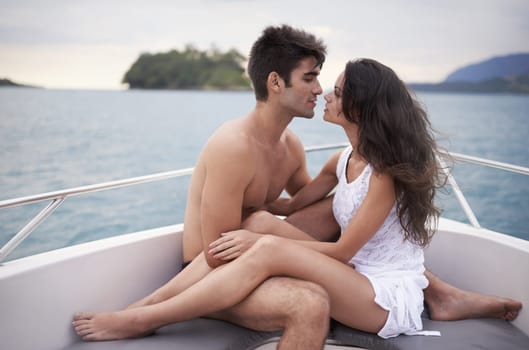 Couple, embrace and yacht with lake, water and nature for love and summer travel. Man, woman and holiday with adventure, happiness and intimate relationship with date or honeymoon for ocean journey