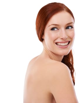 Studio, happy woman and spa skincare for body and dermatology with facial for health glow. French model, smile and shine red hair of clean shower, results and collagen treatment by white background.