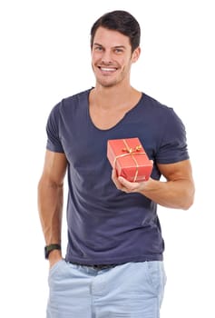 Happy man, present and studio portrait with smile, casual and gift on isolated white background. Confident, attractive and male model with box, anniversary and celebration surprise on backdrop