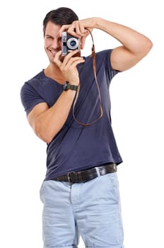 Portrait, photographer and happy man with retro camera for isolated on white studio background. Creative, paparazzi and smile of cameraman with vintage lens for hobby, photoshoot or taking pictures