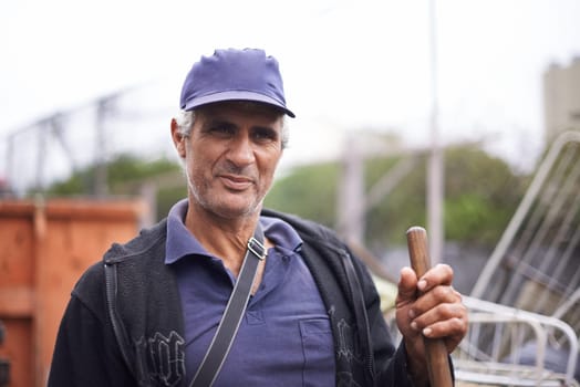 Man, portrait and street cleaner in city for urban trash or garbage pollution for sweeping, service or waste management. Male person, face and broom in Latin America for rubbish dirt, junk or refuse