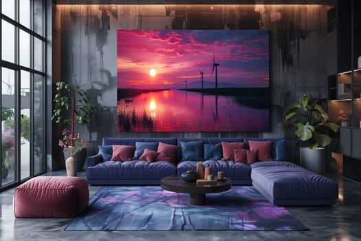 a living room with a purple couch and a large painting on the wall