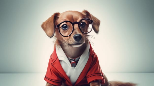A dog with glasses, with a stethoscope in a red jacket and a doctor's suit against the background of sun rays. Pet care and grooming concept.