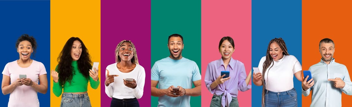 Great online offer, deal. Collage of multiracial diverse people using smartphones for chatting online, web surfing, multicultural young men and women with phones isolated on color background, banner