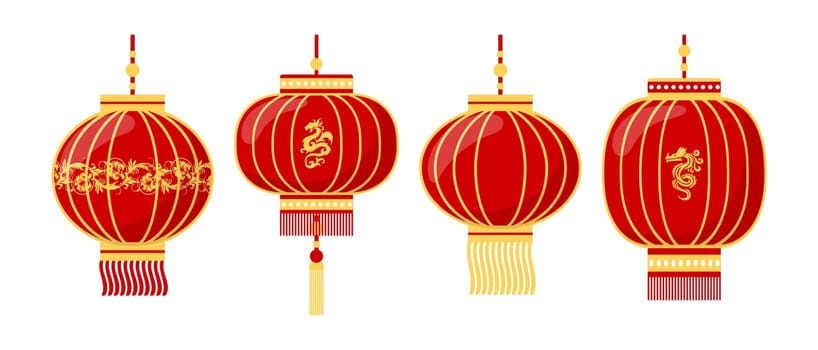 Set of colorful Chinese lanterns with patterns and dragons. Decor elements for Lantern Festival. icons