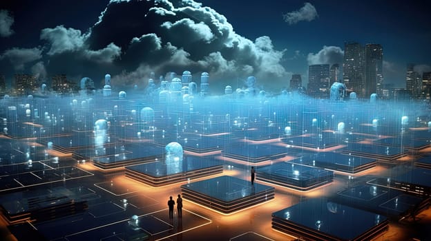 Concept of a digital city with cloud connections. Futuristic network in the clouds. Generated AI.