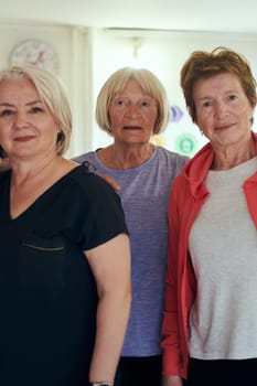 A vibrant community of senior women, guided by their instructor, embraces the enriching journey of yoga, fostering unity, well-being, and a shared commitment to active aging