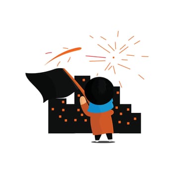 Independence Day illustration. People are shaking the national flag. Cute cartoon character