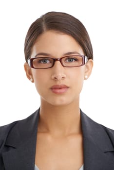 Business woman in portrait, glasses and professional vision with eye care, wellness and optometry for investigative journalist. Prescription lens, frame and headshot of reporter on white background