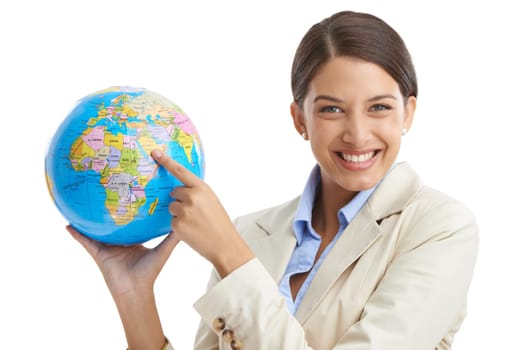 Portrait, excited and woman with a globe, pointing and employee isolated on white studio background. Face, person and consultant with smile or earth with teacher or geography with education or planet.