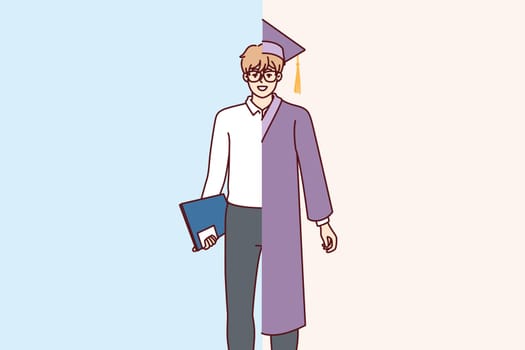 Man student in university graduate robe and business attire symbolizes desire to improve education