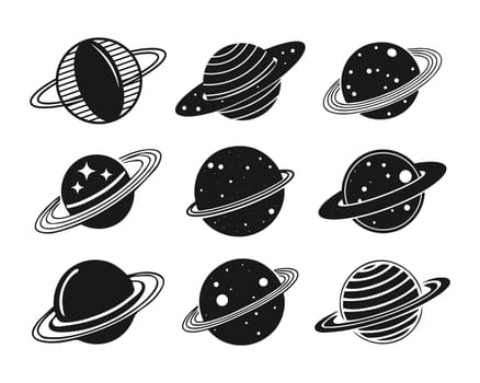 Set of fantastic space planets. Black and white silhouettes for design.
