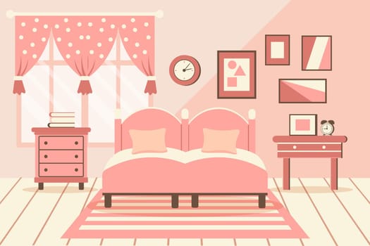 Cozy bedroom. Bedroom interior: bed with pillows, carpet, bedside tables, wardrobe, window. Interior concept]
