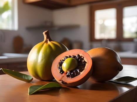 Fruitful Ambiance: Sapote Spotlight in a Cozy Kitchen Bathed in Afternoon Glow