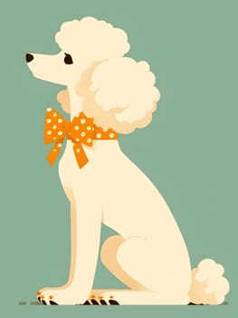 A white poodle with an orange bow tie sits down in a cute gesture