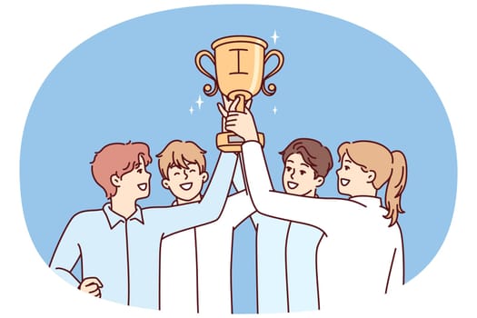 Tight-knit team of startup raises cup over heads after winning in business competition