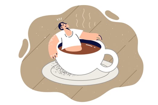Relaxed man sits inside large cup of coffee, experiencing bliss of relaxation and energy