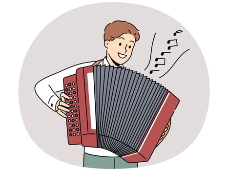 Smiling man play on accordion