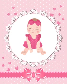 Children's greeting card with a cute baby girl on a lace template with a bow and hearts. Newborn design