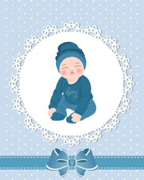 Baby card with cute baby boy and lace pattern with bow. Design for newborns. Illustration, greeting card