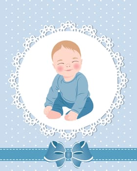 Baby card with cute baby boy and lace pattern with bow. Design for newborns. Illustration, greeting card