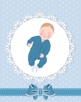 =Baby card with cute baby boy and lace pattern with bow. Design for newborns. Illustration, greeting card