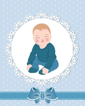 =Baby card with cute baby boy and lace pattern with bow. Design for newborns. Illustration, greeting card