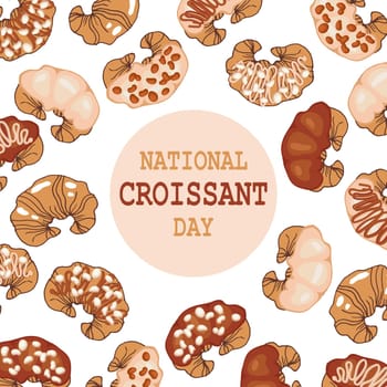 National croissant day, festive background from different colorful french croissants. Banner, poster