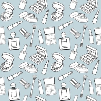Seamless pattern, drawn contour items cosmetics on a light background. Makeup background, textile