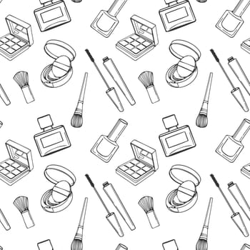 Seamless pattern, drawn contour items cosmetics on a light background. Makeup background, textile