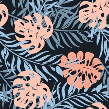 Seamless pattern, jungle, colorful tropical leaves on a dark background. Print, background, textile, wallpaper