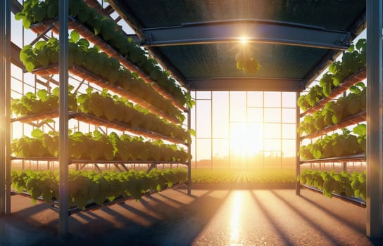 Greenhouse filled with plants, sun shining through windows