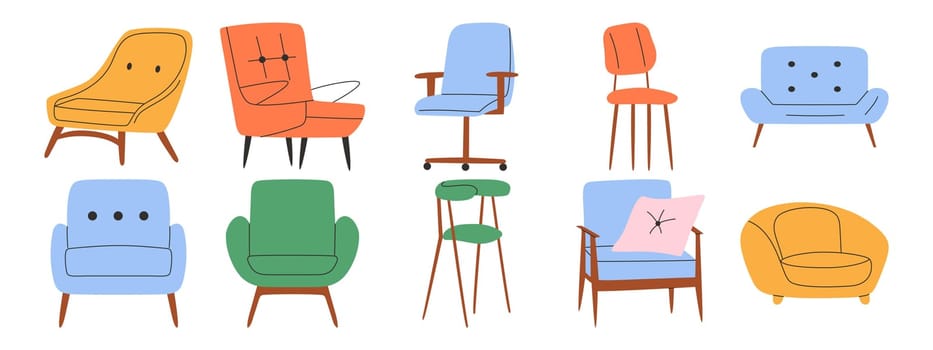 Set of trendy armchairs in scandinavian style. Modern comfortable furniture
