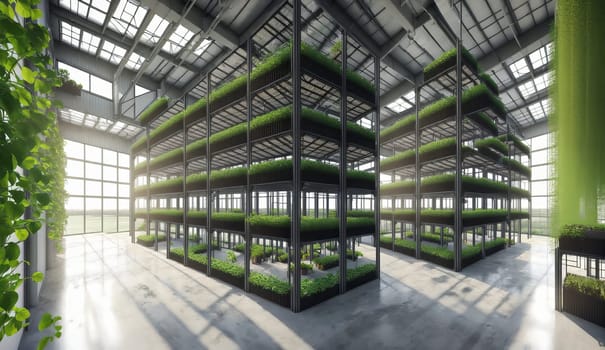 Building with glass facade filled with shelves of green terrestrial plants