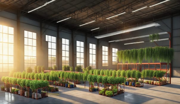 A vast warehouse housing an abundance of potted plants