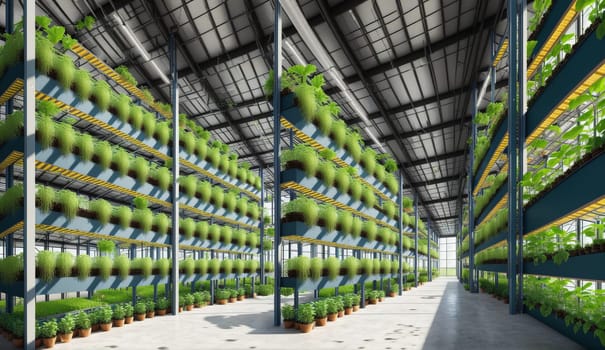 Warehouse filled with green terrestrial plants growing on shelves