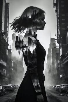 Woman Standing in the Middle of a City. Generative AI.