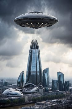 Futuristic City With Flying Saucer in the Sky. Generative AI.