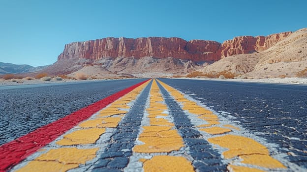 A road with a yellow stripe and red line in the middle, AI