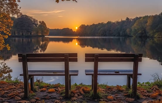 Two benches facing each other overlooking a lake at sunset
