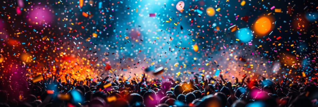 A crowd of people at a concert with confetti falling from the sky
